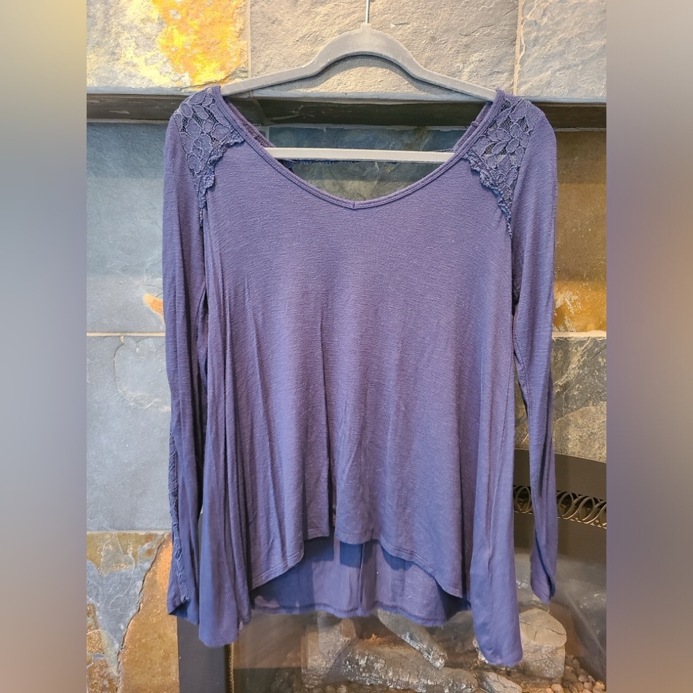 Abercrombie and Fitch Navy Blue Long Sleeve V neck top with Lace inset sleeves